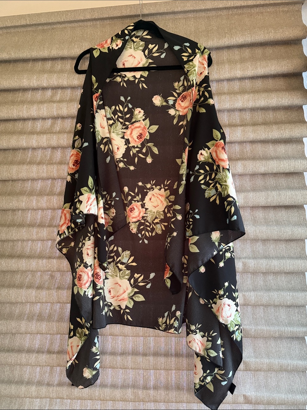 Black Floral Sheer Kimono Cardigan with Pink Rose Print